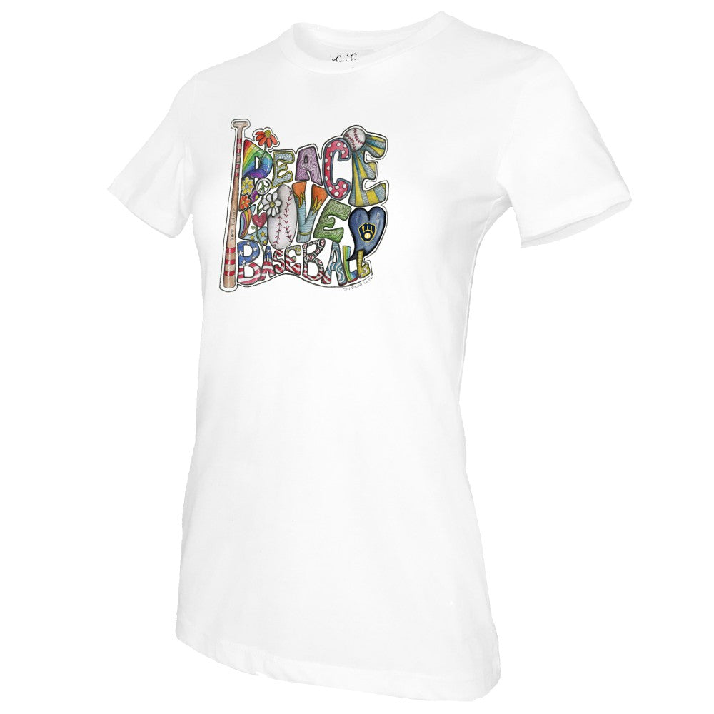 Milwaukee Brewers Tiny Turnip Women's Peace Love Baseball T-Shirt - White - MLB on Sale