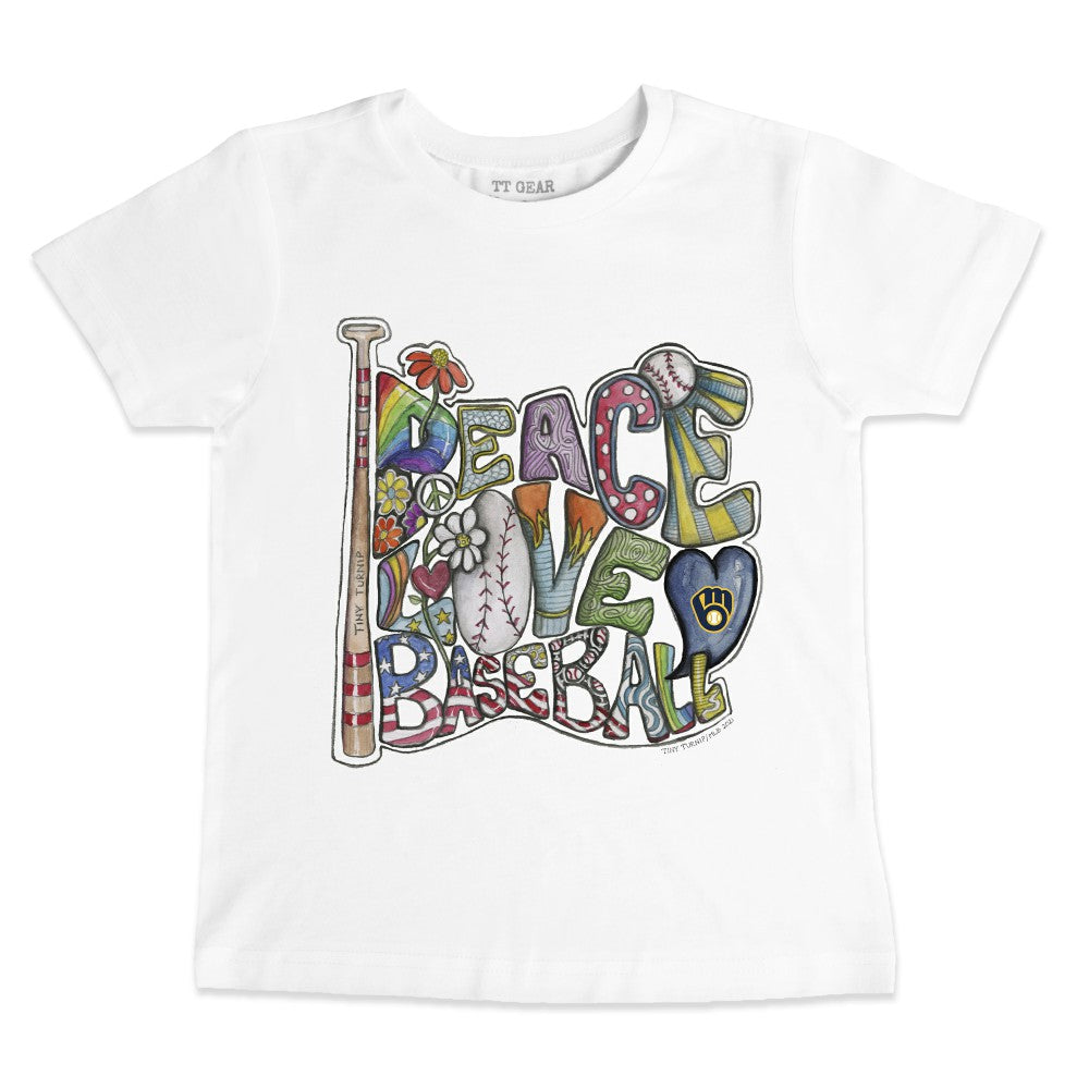 Milwaukee Brewers Tiny Turnip Youth Peace Love Baseball T-Shirt - White - MLB Discount