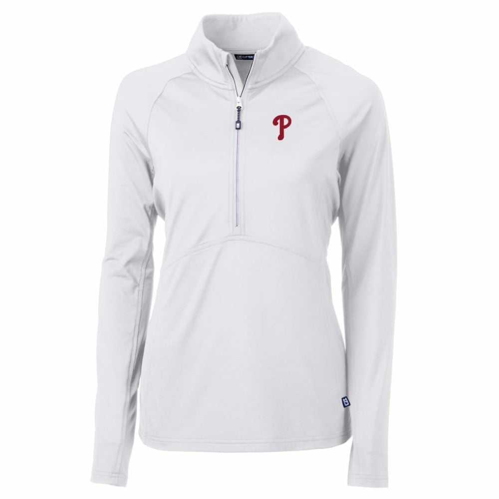 Philadelphia Phillies Cutter & Buck Women's Adapt Eco Knit Stretch Half-Zip Pullover Top - White - MLB Discount