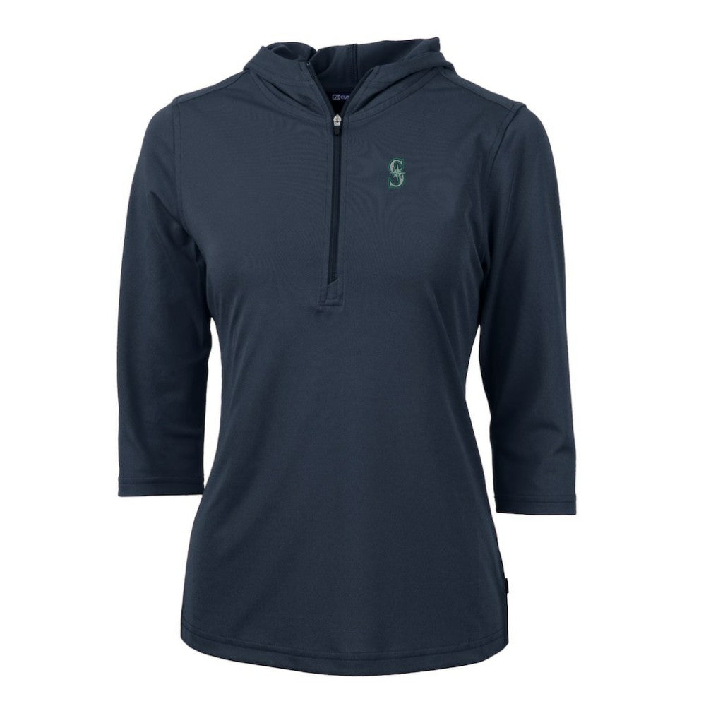 Seattle Mariners Cutter & Buck Women's Virtue Eco Pique 3/4 Sleeve Half-Zip Pullover Hoodie - Navy - MLB Discount