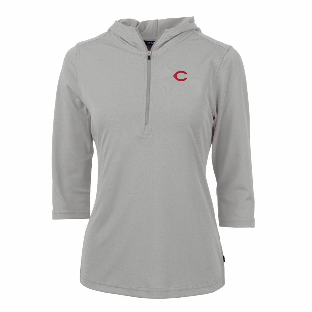 Cincinnati Reds Cutter & Buck Women's Virtue Eco Pique 3/4 Sleeve Half-Zip Pullover Hoodie - Gray - MLB Sale