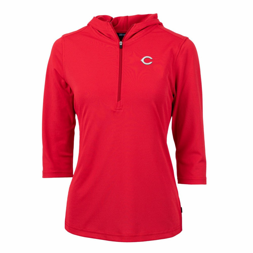 Cincinnati Reds Cutter & Buck Women's Virtue Eco Pique 3/4 Sleeve Half-Zip Pullover Hoodie - Red - MLB on Sale