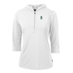 Seattle Mariners Cutter & Buck Women's Virtue Eco Pique 3/4 Sleeve Half-Zip Pullover Hoodie - White - MLB Discount