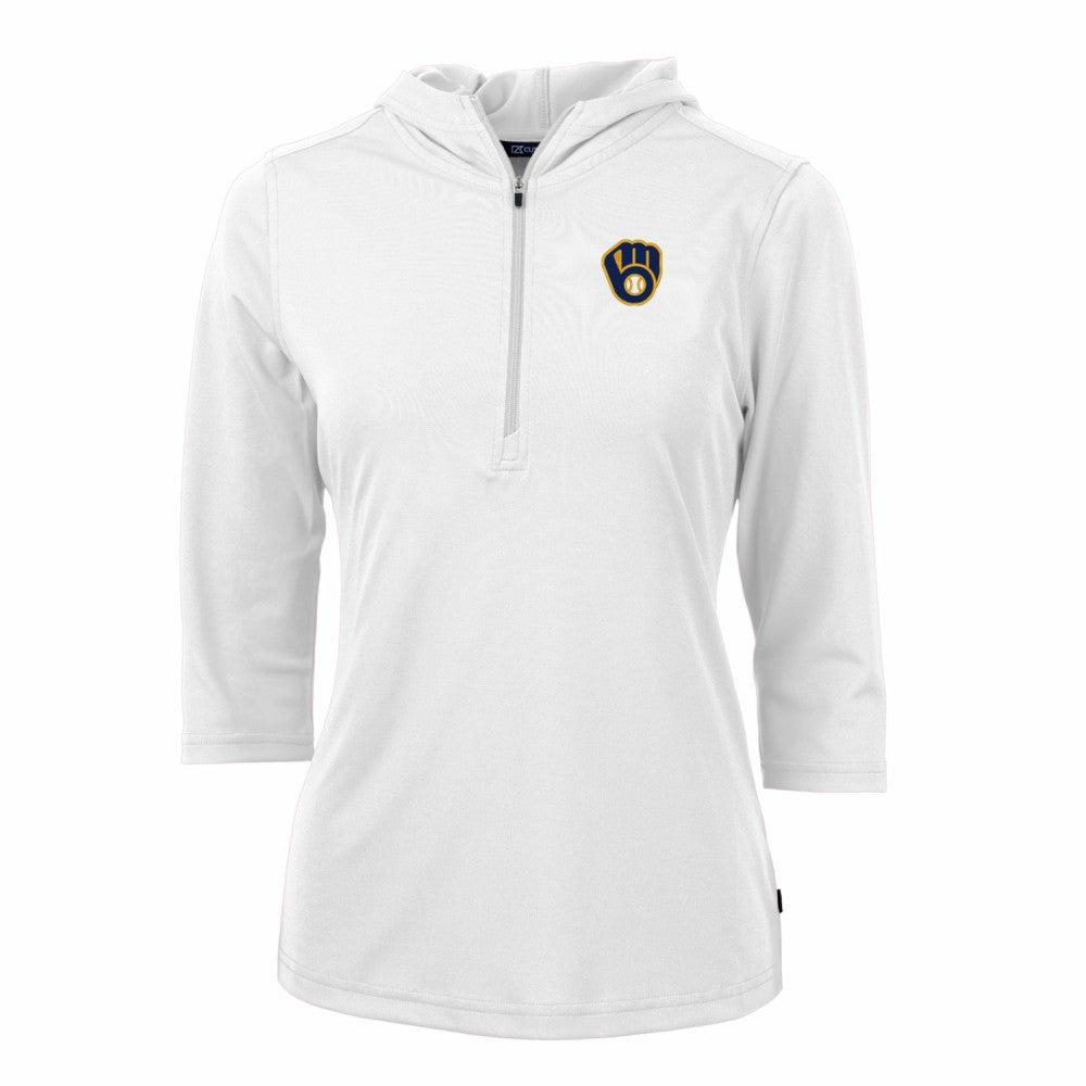 Milwaukee Brewers Cutter & Buck Women's Virtue Eco Pique 3/4 Sleeve Half-Zip Pullover Hoodie - White - MLB Lifestyle