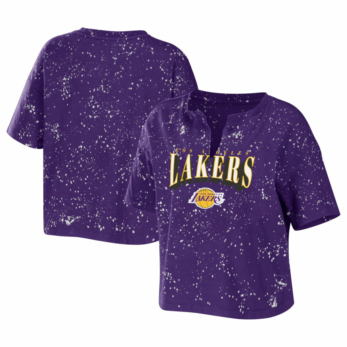 Los Angeles Lakers WEAR by Erin Andrews Women's Bleach Splatter Notch Neck T-Shirt Purple