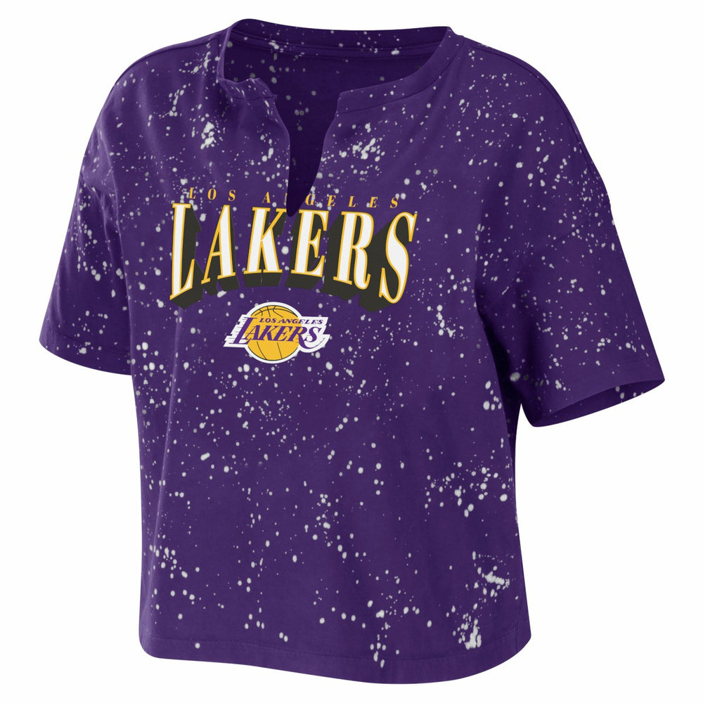 Los Angeles Lakers WEAR by Erin Andrews Women's Bleach Splatter Notch Neck T-Shirt Purple