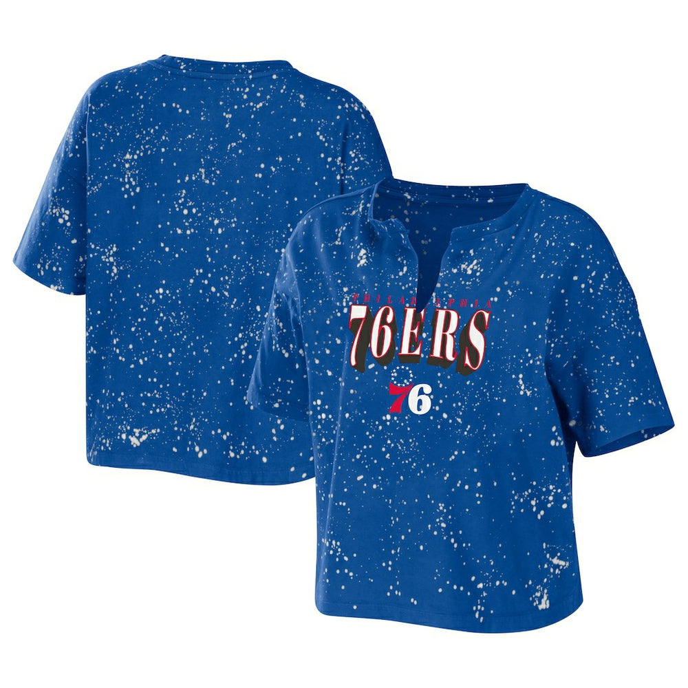 Philadelphia 76ers WEAR by Erin Andrews Women's Bleach Splatter Notch Neck T-Shirt Royal