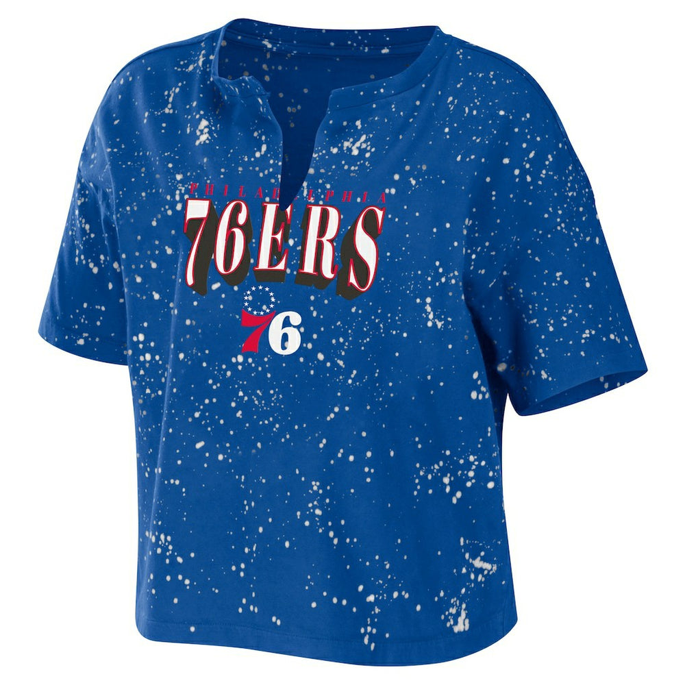 Philadelphia 76ers WEAR by Erin Andrews Women's Bleach Splatter Notch Neck T-Shirt Royal