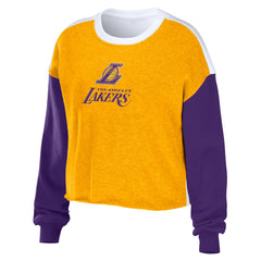 Los Angeles Lakers WEAR by Erin Andrews Women's Mixed Letter Cropped Pullover Sweatshirt Heather Gold
