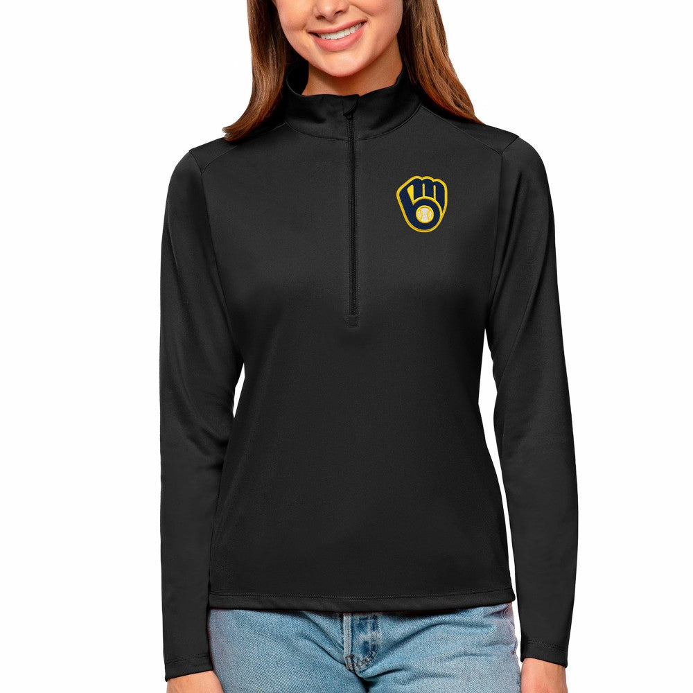 Milwaukee Brewers Antigua Women's Tribute Quarter-Zip Pullover Top - Black - MLB Discount