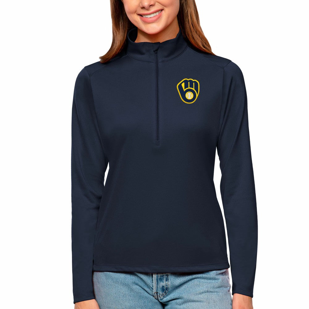 Milwaukee Brewers Antigua Women's Tribute Quarter-Zip Pullover Top - Navy - MLB Sale
