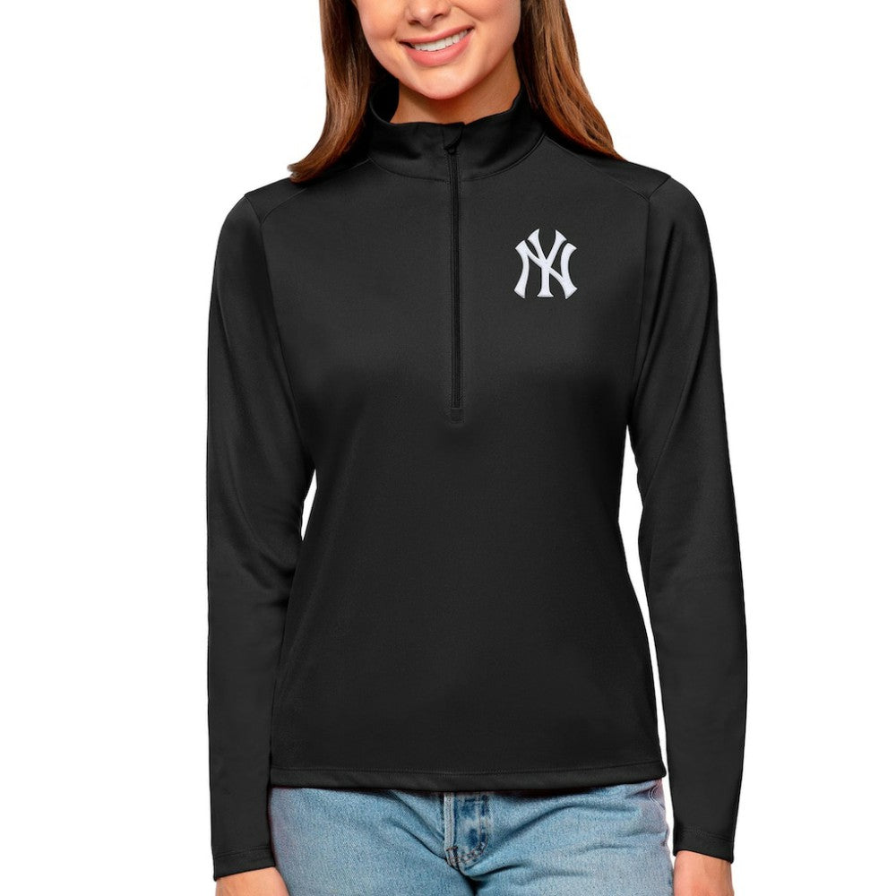 New York Yankees Antigua Women's Tribute Quarter-Zip Pullover Top - Black - MLB Lifestyle