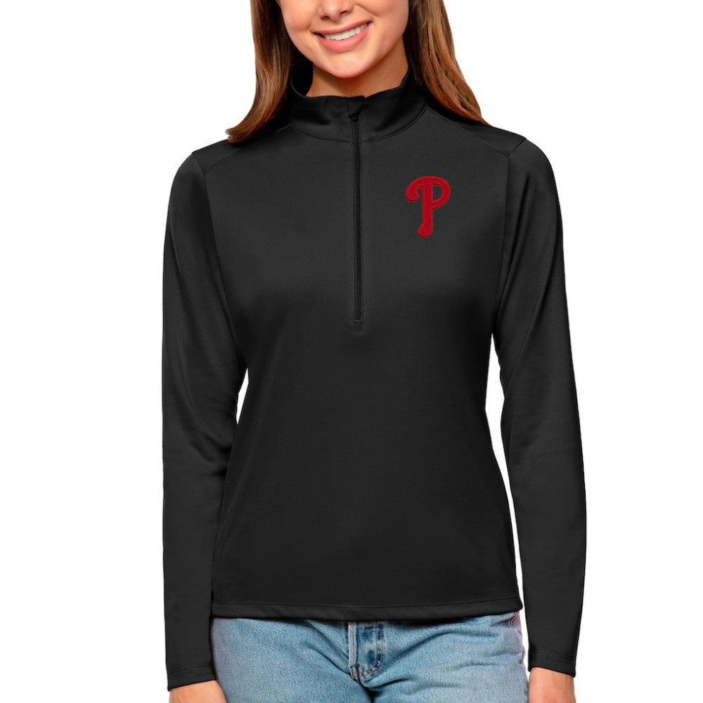 Philadelphia Phillies Antigua Women's Tribute Quarter-Zip Pullover Top - Black - MLB Sale
