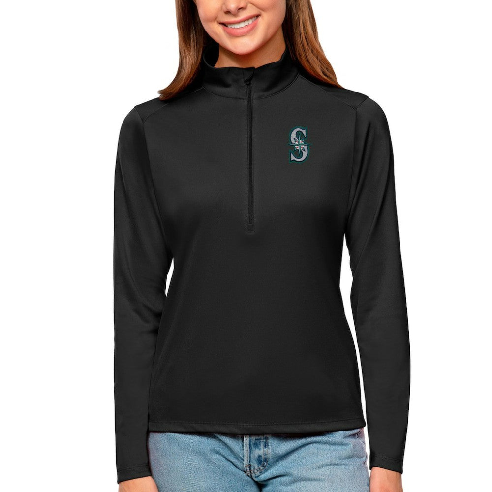 Seattle Mariners Antigua Women's Tribute Quarter-Zip Pullover Top - Black - MLB Lifestyle