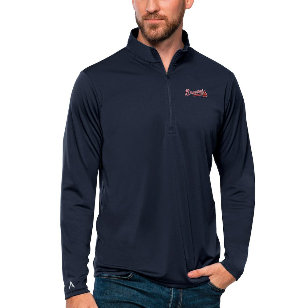 Atlanta Braves Antigua Tribute Quarter-Zip Pullover Top - Navy - MLB Lifestyle