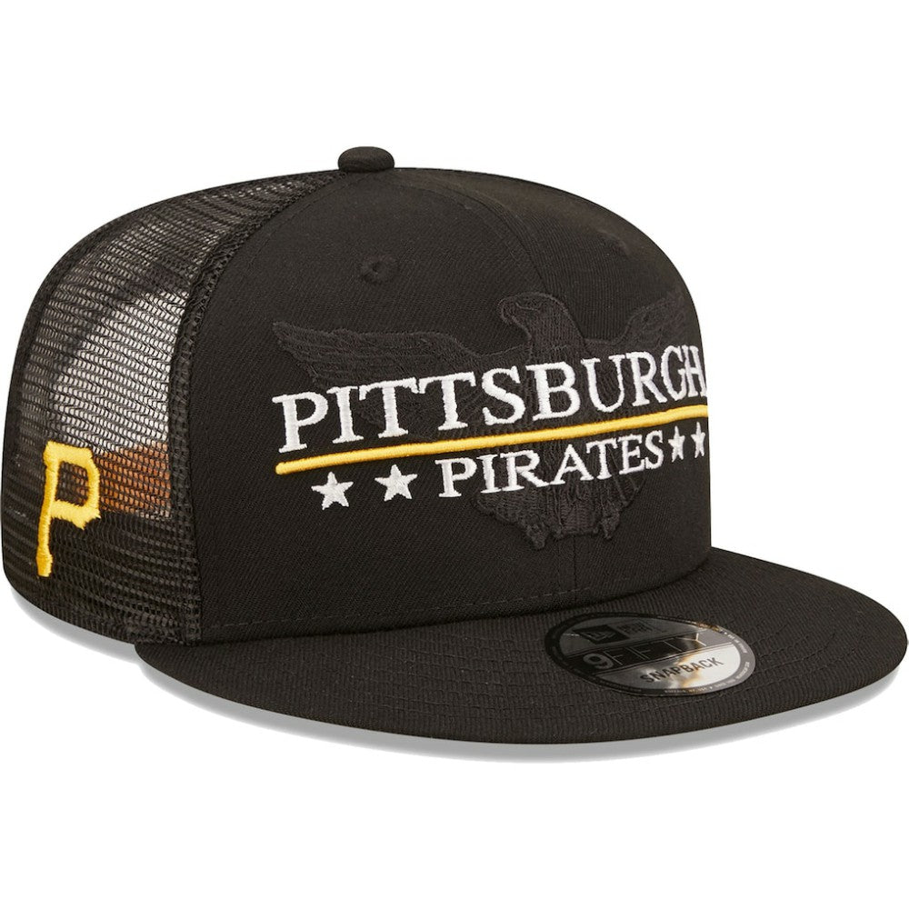 Pittsburgh Pirates New Era Patriot Trucker 9FIFTY Snapback Hat - Black - New Era Sale