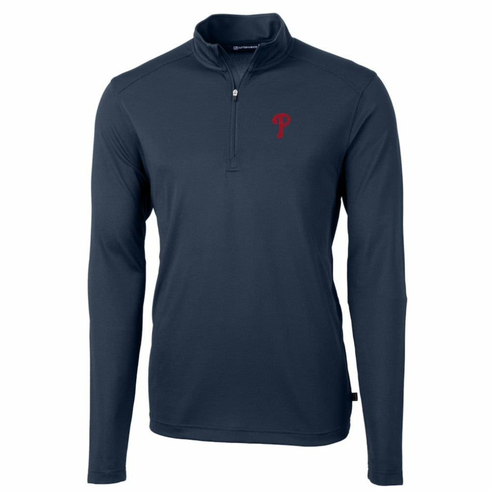 Philadelphia Phillies Cutter & Buck Big & Tall Virtue Eco Pique Quarter-Zip Pullover Jacket - Navy - MLB Sale