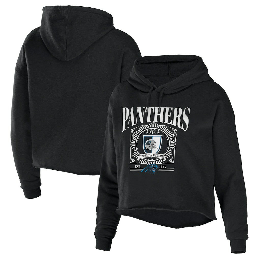 Carolina Panthers WEAR by Erin Andrews Women's Cropped Sponge Fleece Pullover Hoodie Black
