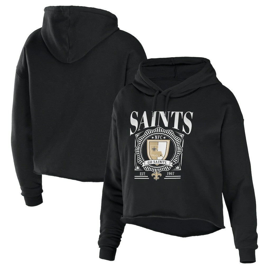 New Orleans Saints WEAR by Erin Andrews Women's Cropped Sponge Fleece Pullover Hoodie Black