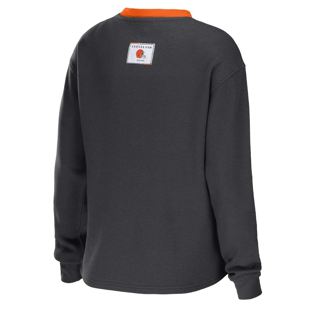 Cleveland Browns WEAR by Erin Andrews Women's Waffle Henley Long Sleeve T-Shirt Charcoal