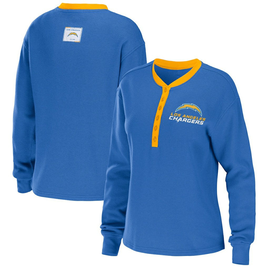 Los Angeles Chargers WEAR by Erin Andrews Women's Waffle Henley Long Sleeve T-Shirt Powder Blue