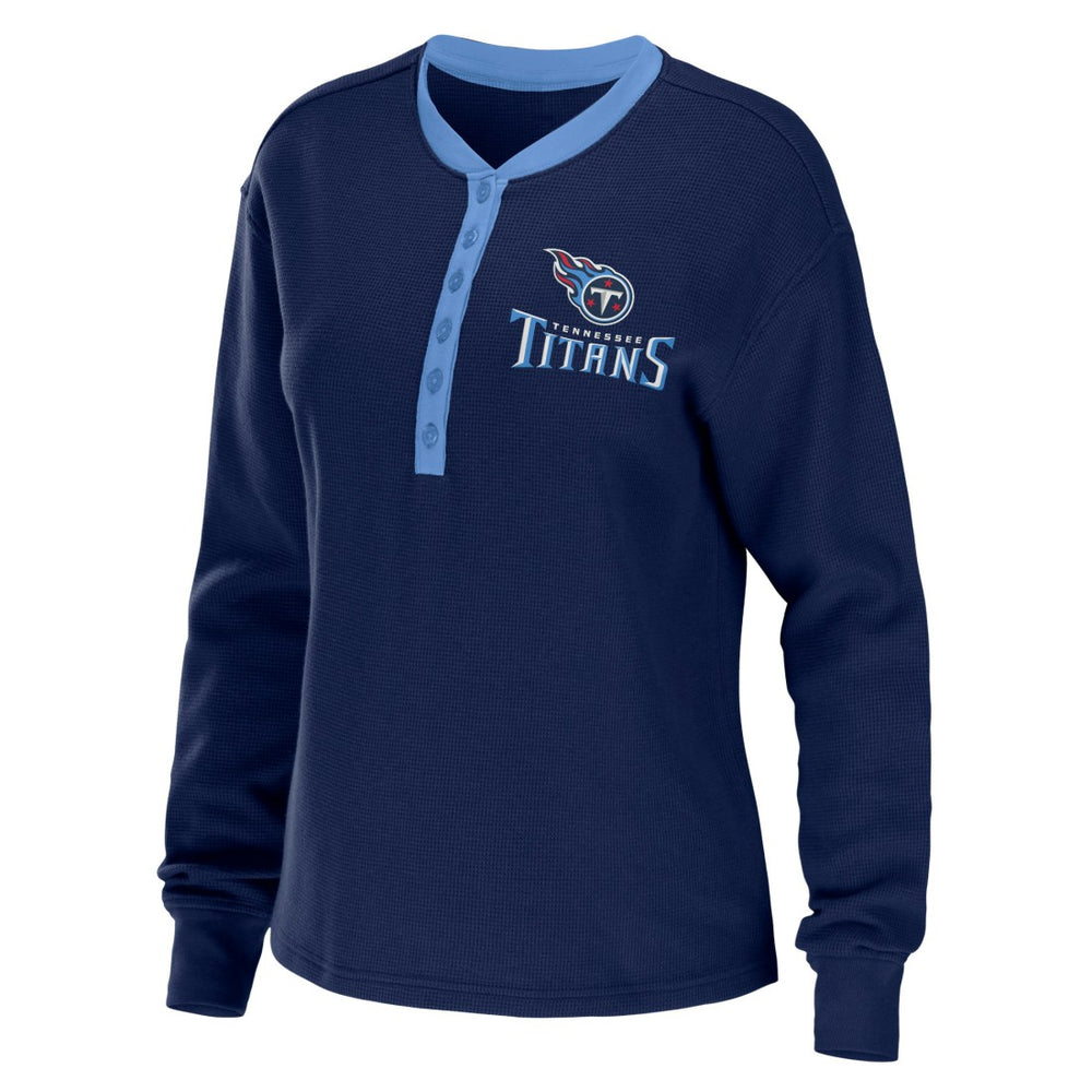 Tennessee Titans WEAR by Erin Andrews Women's Waffle Henley Long Sleeve T-Shirt Navy