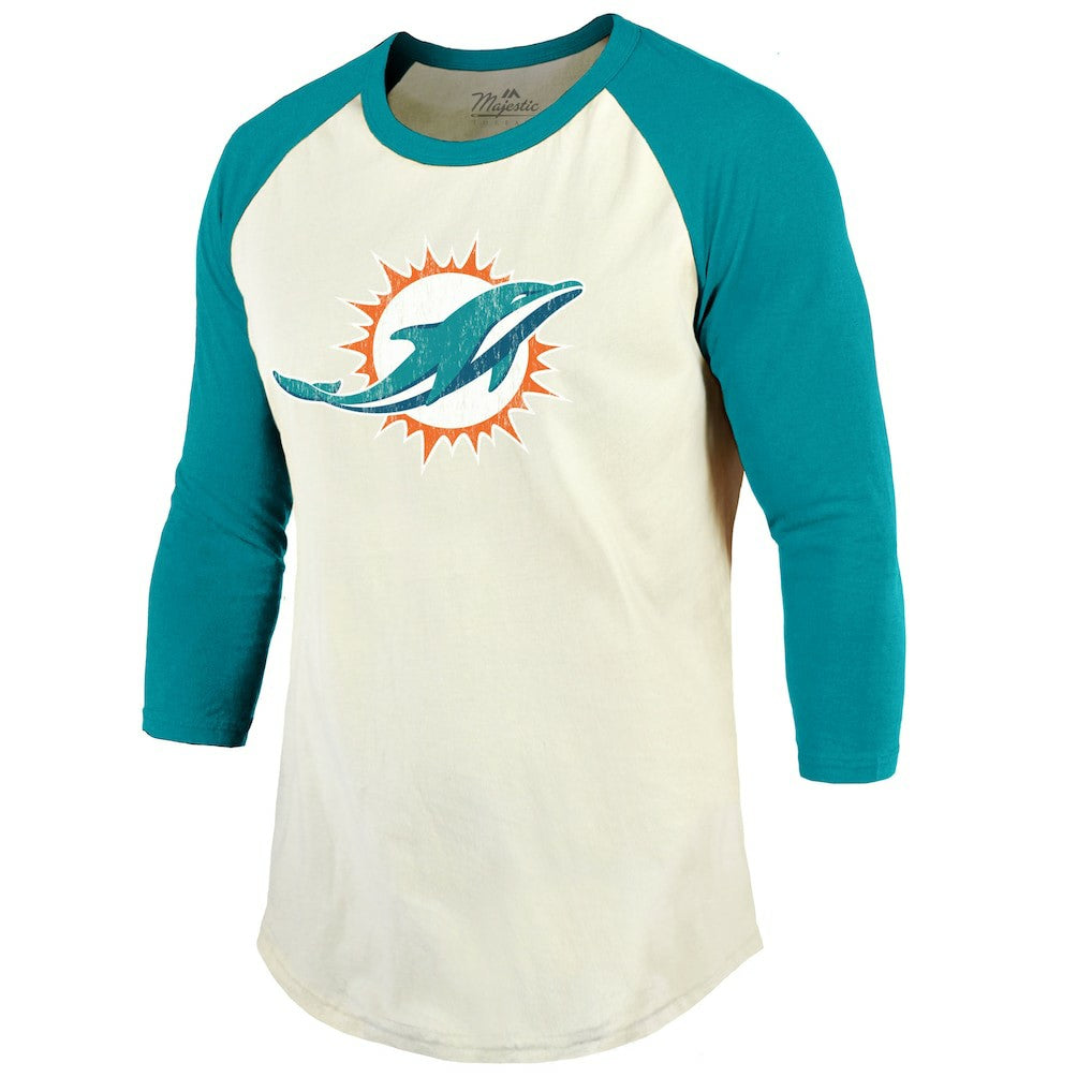 Tyreek Hill Miami Dolphins Majestic Threads Vintage Player Name & Number Raglan 3/4-Sleeve T-Shirt Cream/Aqua