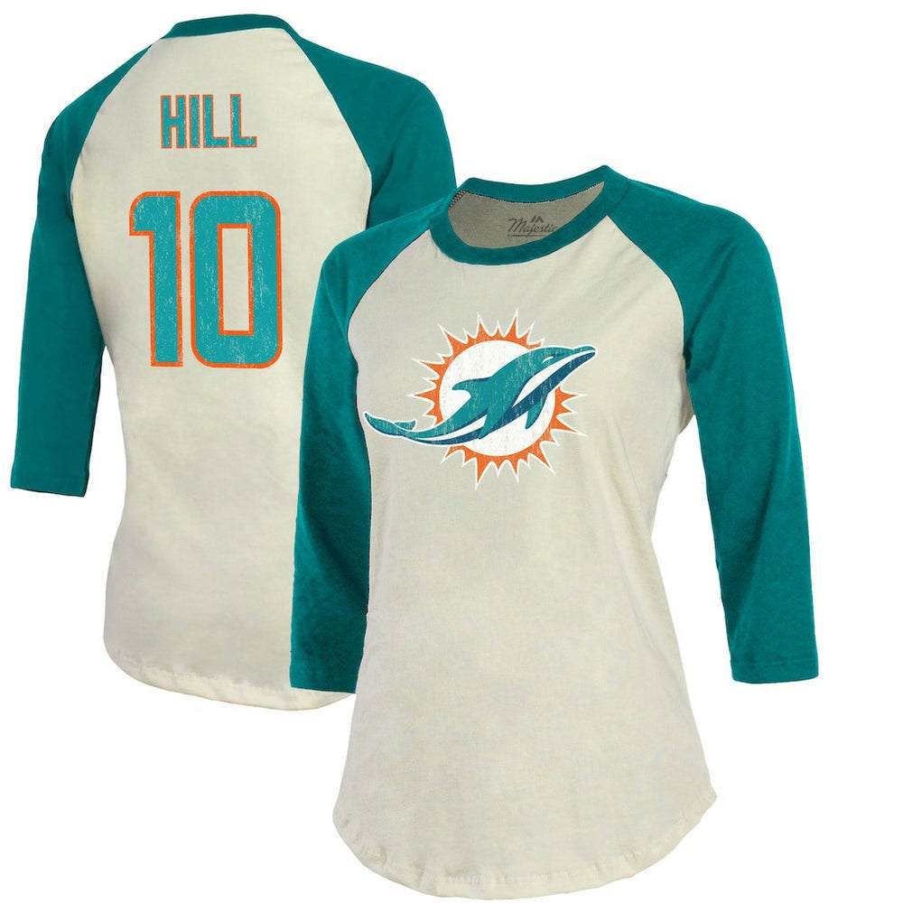 Tyreek Hill Miami Dolphins Majestic Threads Vintage Player Name & Number Raglan 3/4-Sleeve T-Shirt Cream/Aqua