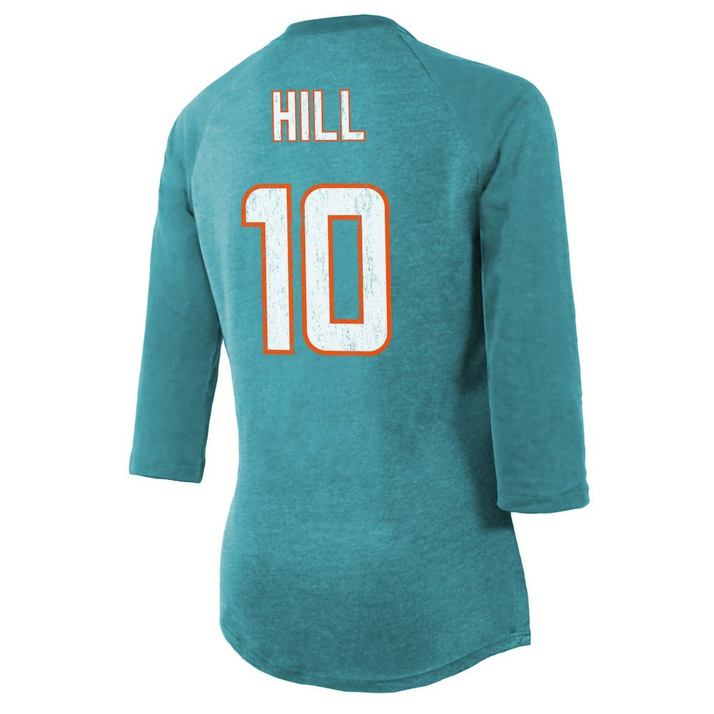 Tyreek Hill Miami Dolphins Majestic Threads Women's Name & Number Raglan 3/4 Sleeve T-Shirt Aqua