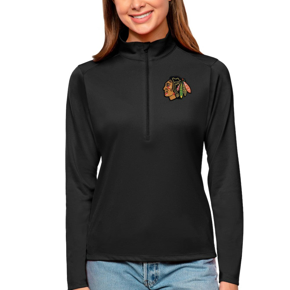 Chicago Blackhawks Antigua Women's Tribute Quarter-Zip Pullover Top - Black - NHL 4807557