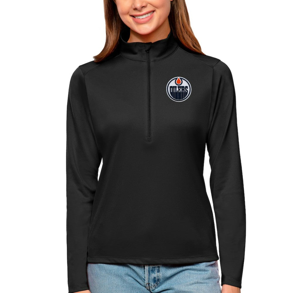 Edmonton Oilers Antigua Women's Tribute Quarter-Zip Pullover Top - Black - NHL 4807579