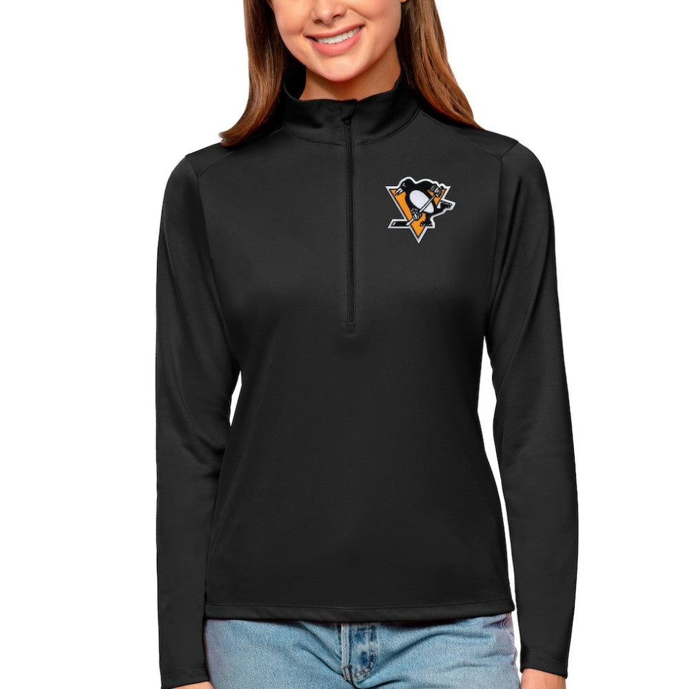 Pittsburgh Penguins Antigua Women's Tribute Quarter-Zip Pullover Top - Black - NHL 4807631