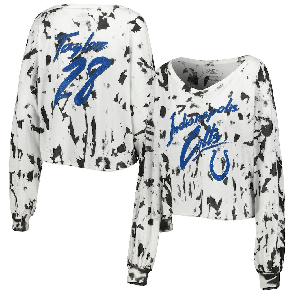 Jonathan Taylor Indianapolis Colts Majestic Threads Women's Off-Shoulder Tie-Dye Name & Number Cropped Long Sleeve V-Neck T-Shirt White