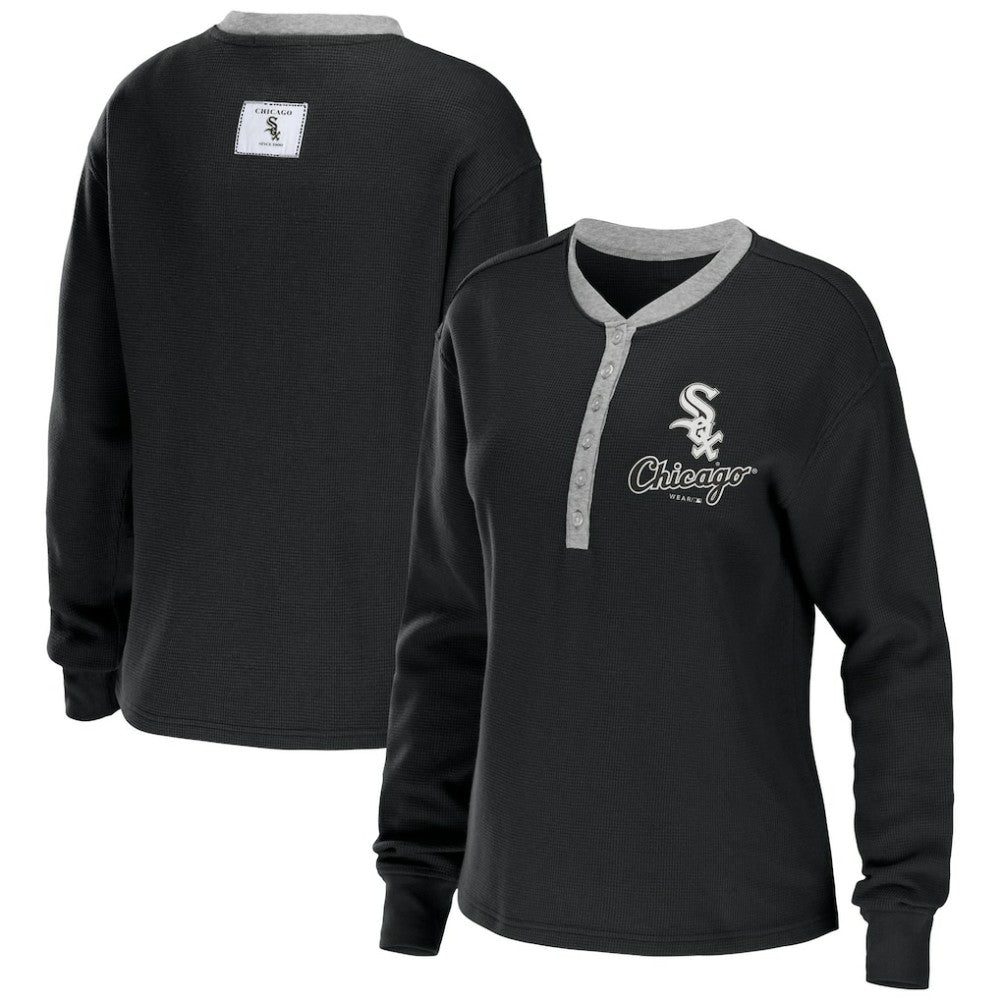 Chicago White Sox WEAR by Erin Andrews Women's Waffle Henley Long Sleeve T-Shirt - Black - MLB Online