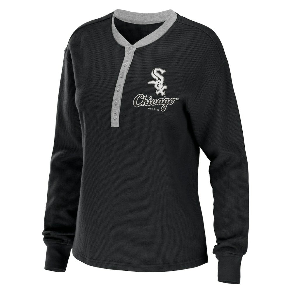 Chicago White Sox WEAR by Erin Andrews Women's Waffle Henley Long Sleeve T-Shirt - Black - MLB Online