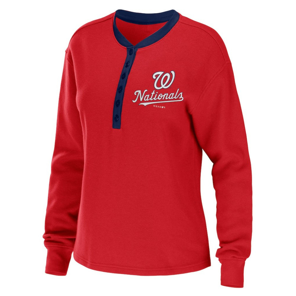 Washington Nationals WEAR by Erin Andrews Women's Waffle Henley Long Sleeve T-Shirt - Red - MLB Sale