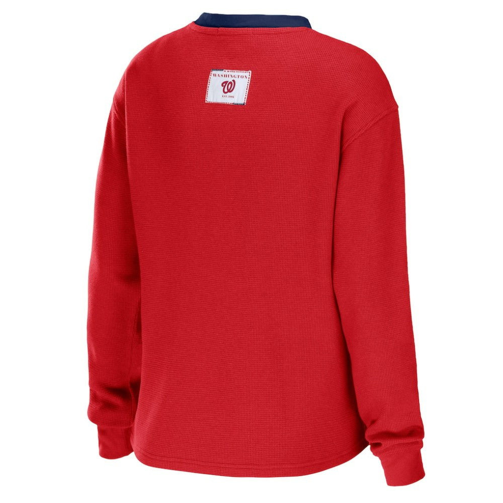 Washington Nationals WEAR by Erin Andrews Women's Waffle Henley Long Sleeve T-Shirt - Red - MLB Sale