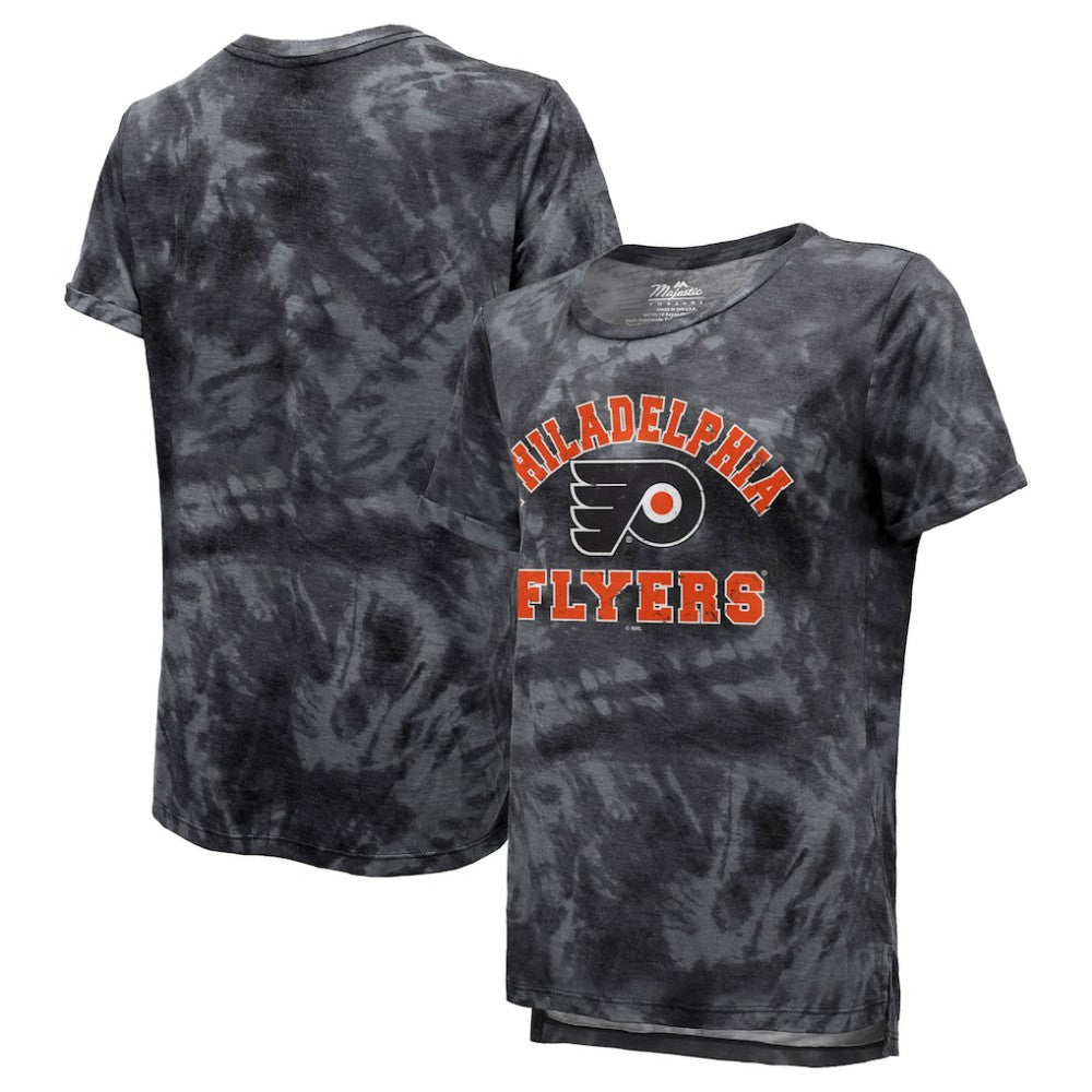 Philadelphia Flyers Majestic Threads Women's Boyfriend Tie-Dye Tri-Blend T-Shirt - Black - NHL 4837501