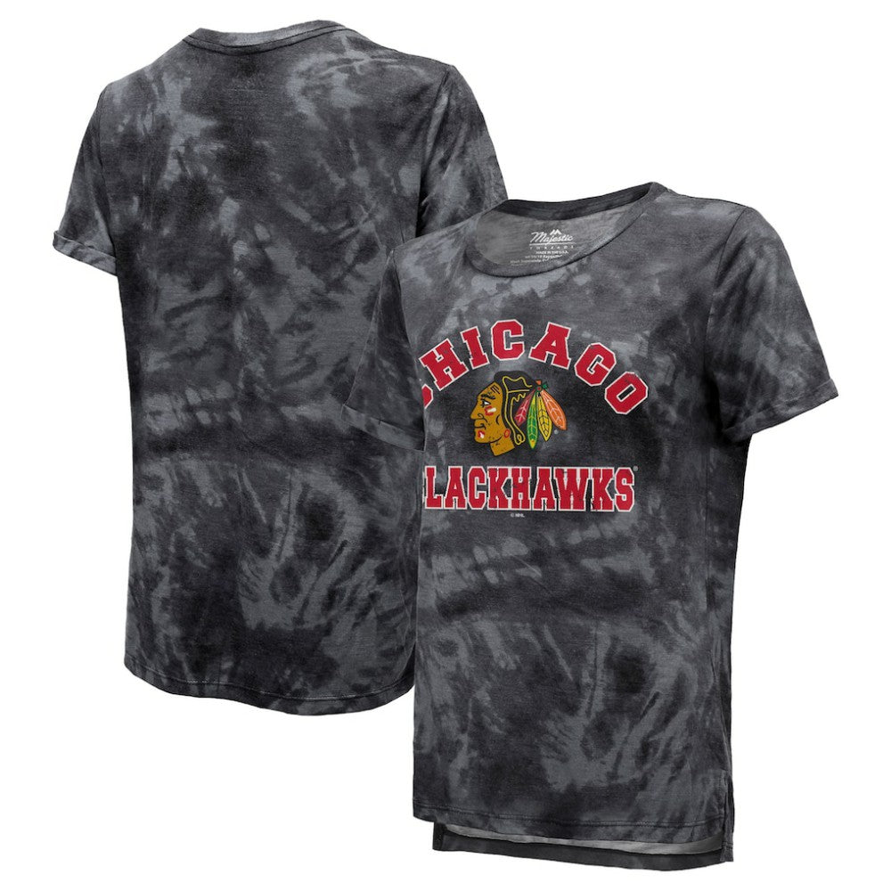 Chicago Blackhawks Majestic Threads Women's Boyfriend Tie-Dye Tri-Blend T-Shirt - Black - NHL 4837508