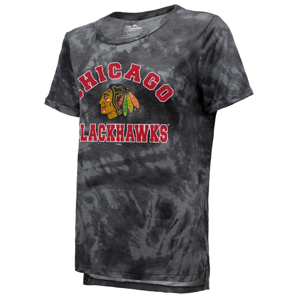 Chicago Blackhawks Majestic Threads Women's Boyfriend Tie-Dye Tri-Blend T-Shirt - Black - NHL 4837508
