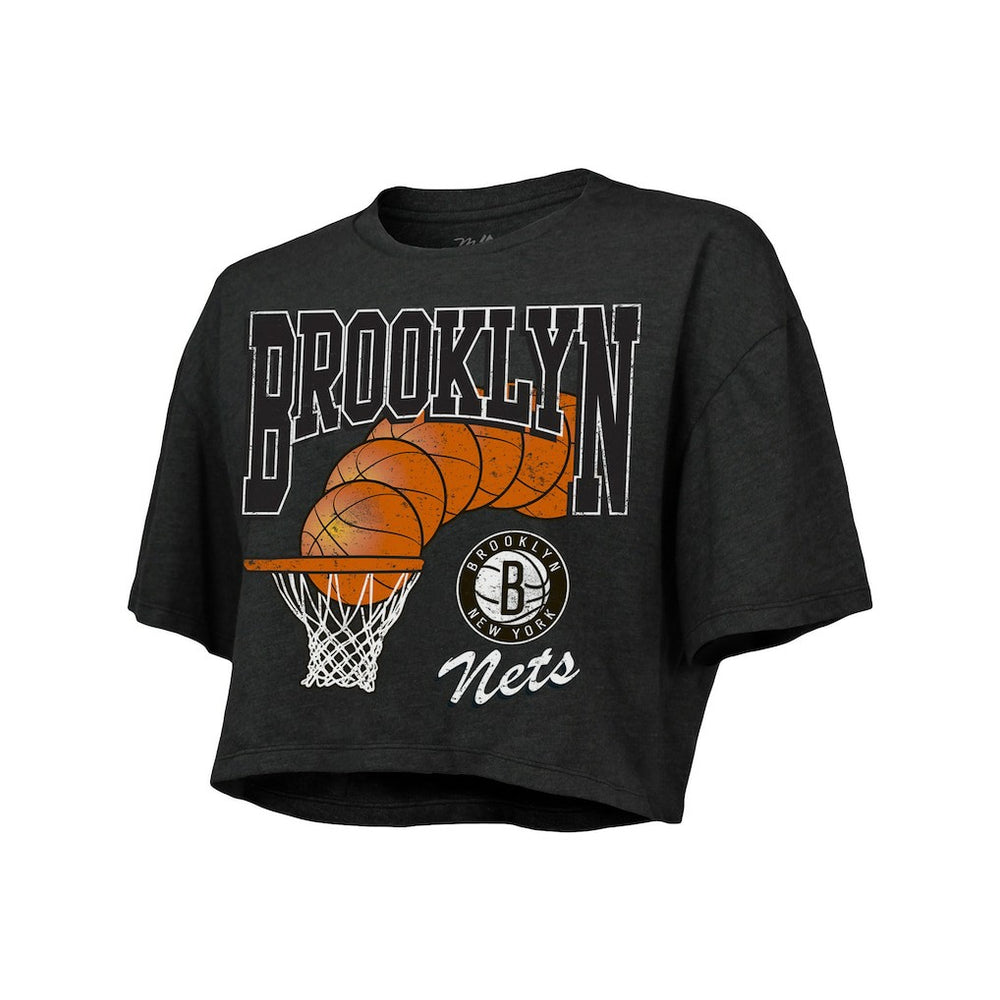 Brooklyn Nets Majestic Threads Women's Bank Shot Cropped T-Shirt Charcoal