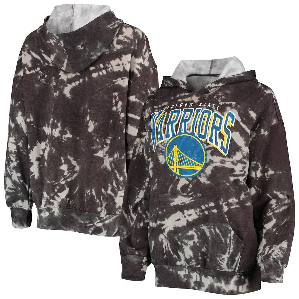 Golden State Warriors Majestic Threads Women's Burble Tie-Dye Tri-Blend Pullover Hoodie Black