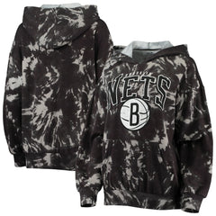 Brooklyn Nets Majestic Threads Women's Burble Tie-Dye Tri-Blend Pullover Hoodie Black