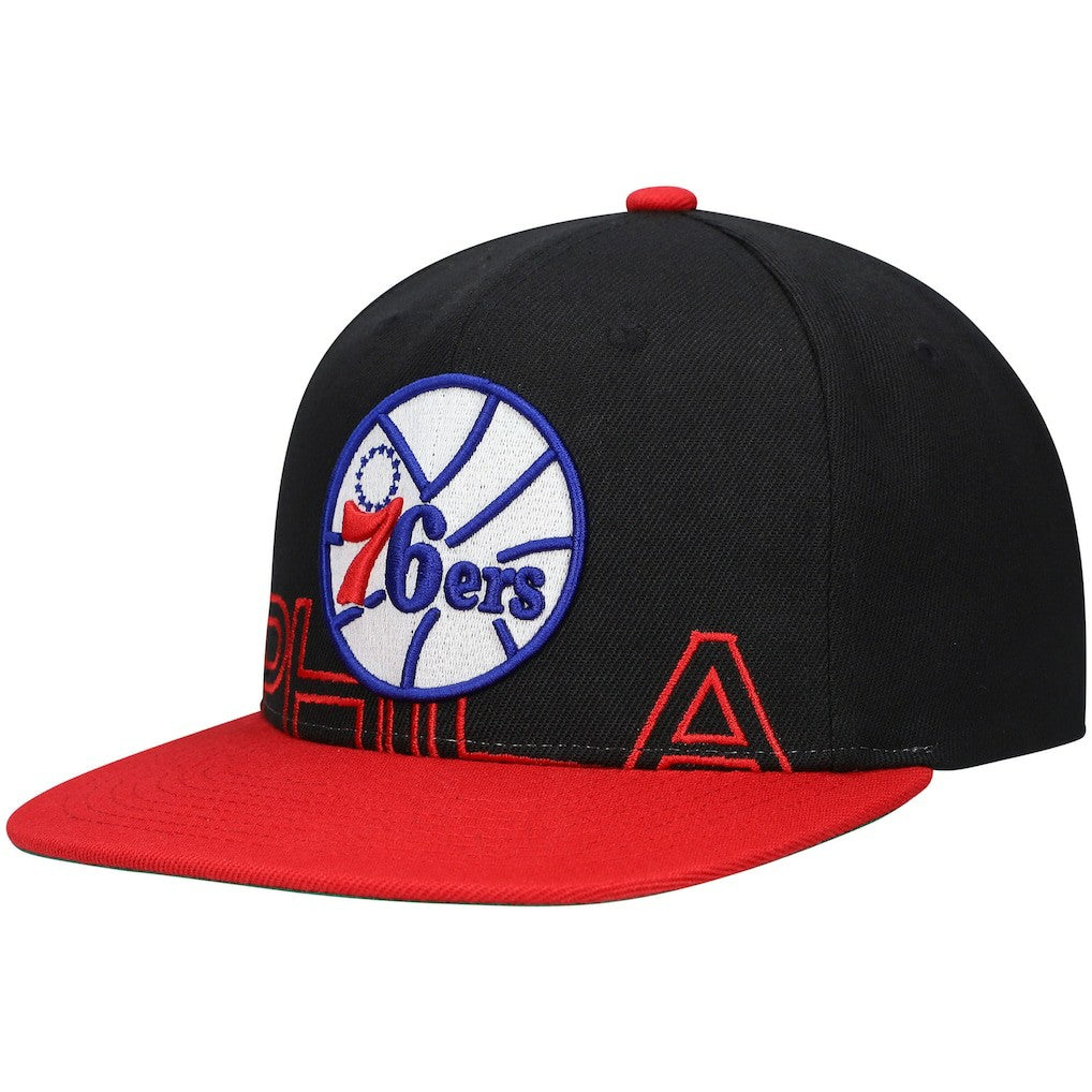 Philadelphia 76ers Hardwood Classics Low Big Face Snapback Hat Black/Red | Mitchell & Ness US