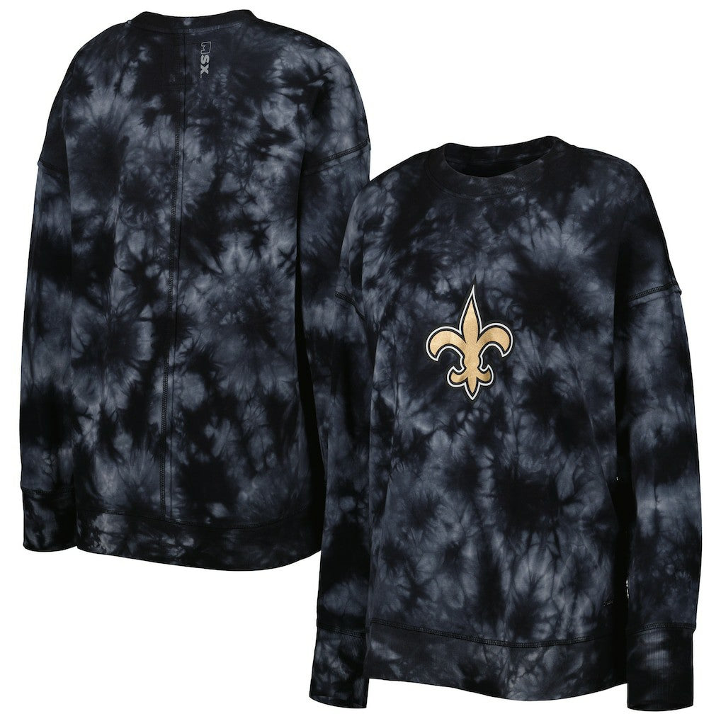 New Orleans Saints MSX by Michael Strahan Women's Bailey Tie-Dye Tri-Blend Pullover Sweatshirt Black