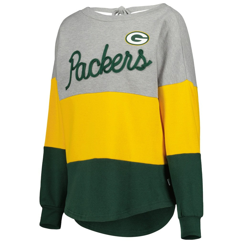 Green Bay Packers Touch Women's Outfield Deep V-Back Waist Length Pullover Sweatshirt Heather Gray/Green