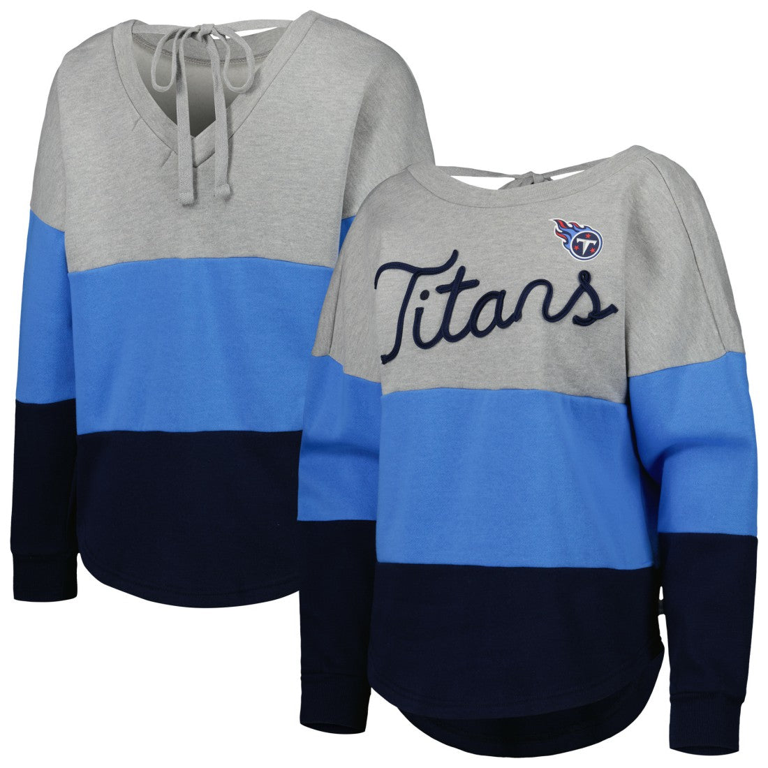 Tennessee Titans Touch Women's Outfield Deep V-Back Waist Length Pullover Sweatshirt Heather Gray/Navy