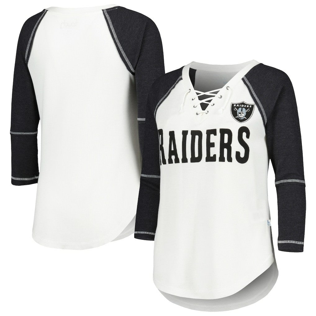 Las Vegas Raiders Touch Women's Rebel Raglan Tri-Blend 3/4-Sleeve Lace-Up V-Neck T-Shirt White/Black