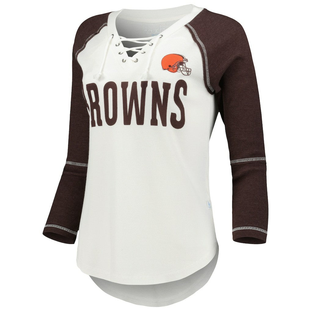 Cleveland Browns Touch Women's Rebel Raglan Tri-Blend 3/4-Sleeve Lace-Up V-Neck T-Shirt White/Brown