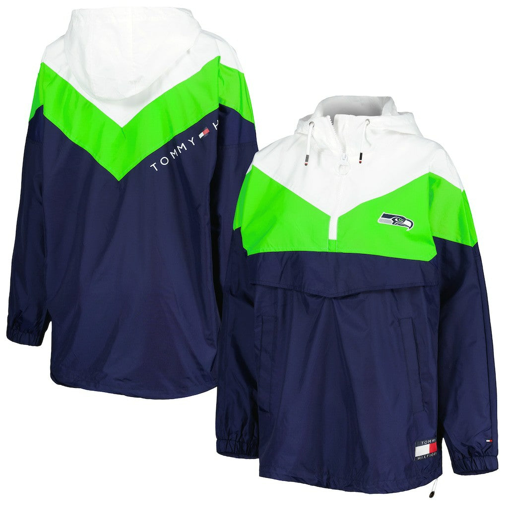 Seattle Seahawks Tommy Hilfiger Women's Staci Half-Zip Hoodie Windbreaker Jacket White/Neon Green